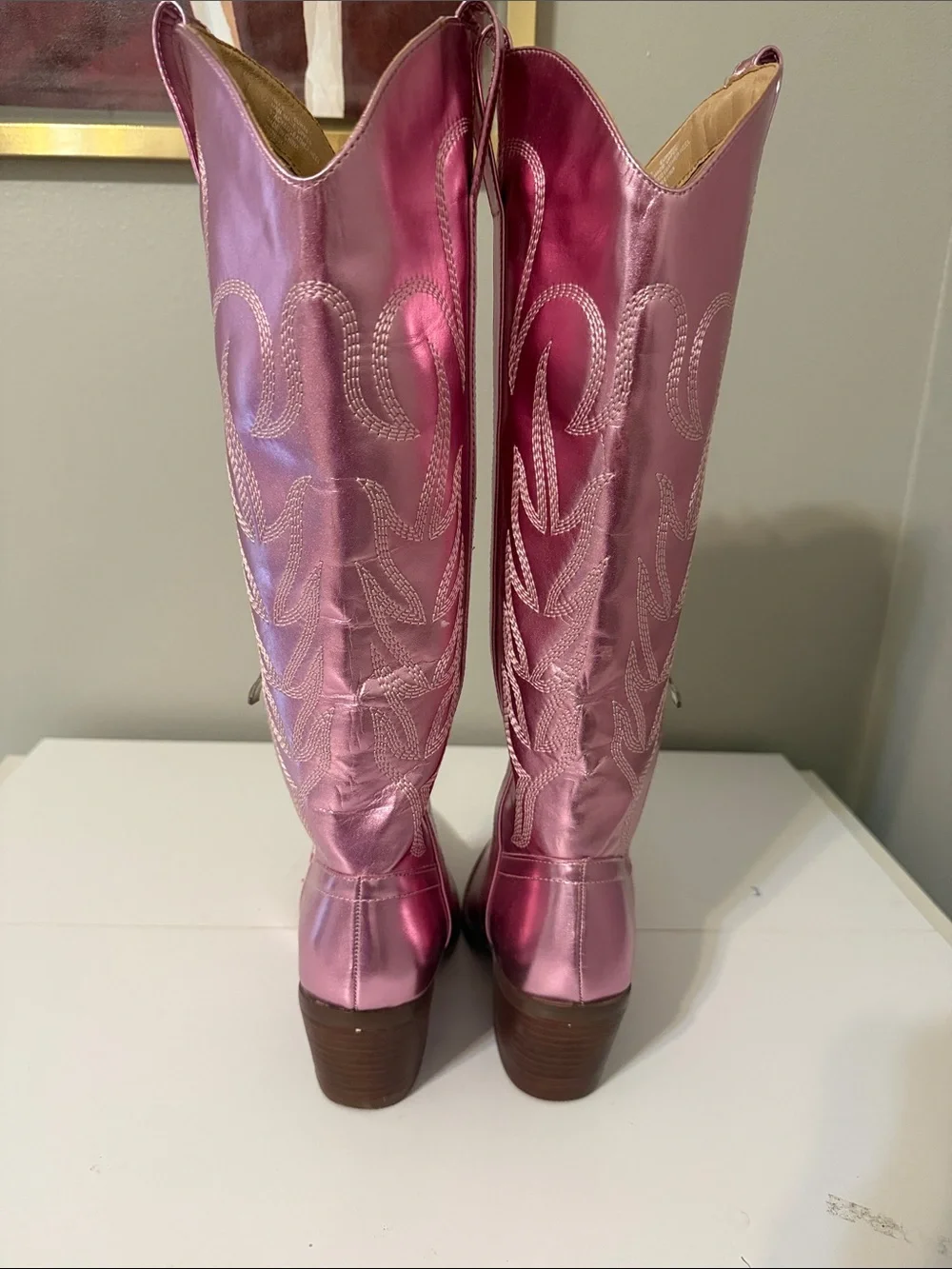 These Three Women's Pink Metallic Western Knee-High Boots.  Size 7.5